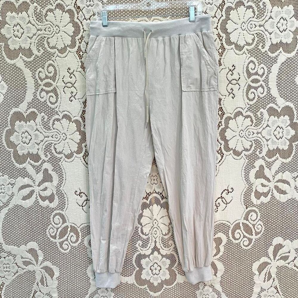 Tan Linen Blend Breathable Joggers with Utility Patch Pockets